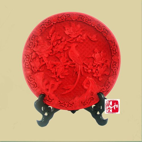 扬州咏梅漆器厂剔红雕漆盘中国风工艺品客厅摆件商务结婚生日礼品